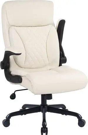 Executive Office Chair, Ergonomic PU Leather Computer Desk Chair with Lumbar Support, Flip-up Armrests and Adjustable Height, for Home Office, Beige