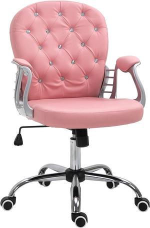 Vinsetto Faux Leather Vanity Office Chair, Button Tufted Swivel Chair with Adjustable Height, Padded Armrests and Tilt Function, Pink