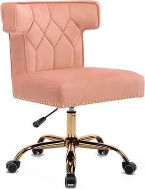 Recaceik Velvet Home Office Chair, Modern Adjustable Swivel Desk Chairs with High Back 360 Degree Castor Gold Wheels for Living Room/Bedroom/Office (Pink)