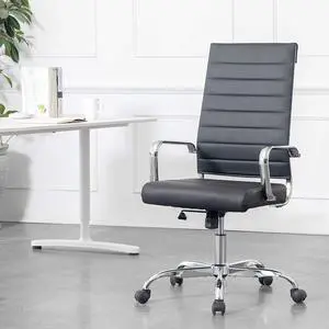 LANDSUN Home Office Chair Ribbed Leather High Back Executive Swivel Computer Desk Chairs with Wheels and Armrests Soft Padded Adjustable Height Modern Conference Chrome Blakc