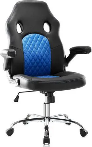 Gaming Chair Ergonomic Office Chair PU Leather Computer Chair High Back Desk Chair Adjustable Swivel Task Chair with Lumbar Support/Flip-up Armrests, Blue