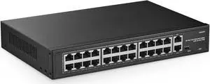 YuLinca 24 Port PoE Switch with 2 Gigabit Uplink, 100Mbps PoE+ Ports, 1000Mbps Uplink, IEEE802.3af/at, Max 300W, VLAN & PoE Extend 250m, RackMount Fanless Unmanaged Ethernet Switch