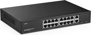 YuLinca 16 Port PoE Switch with 2 Gigabit Uplink, 10/100Mbps PoE+ Ports, 100/1000Mbps Uplink, IEEE802.3af/at, Max 200W, VLAN & PoE Extend 250m, Metal RackMount Fanless Unmanaged Ethernet Switch