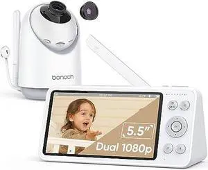 bonoch Video Baby Monitor No WiFi, Local Storage+Playback, 1080p HD Camera&Display, Baby Monitor with Camera and Audio, 7800mAh, 1800ft Range, Motion&Sound Detection, Hack-Proof, Additional 110° Lens