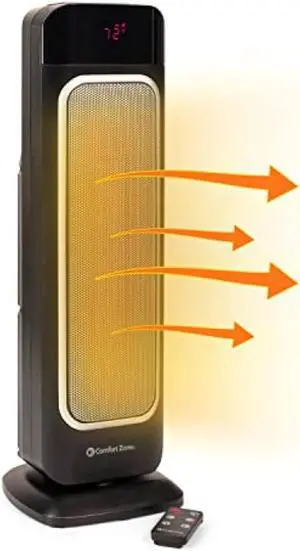 Comfort Zone Electric 24 Oscillating Digital Tower Space Heater with Full Function Remote, Adjustable Thermostat, and Overheat Protection, Ideal for Home, Bedroom, & Office, 1,500W, CZ523RBK