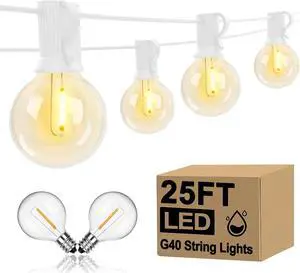 25Ft LED Outdoor String Lights, G40 Globe Patio String Lights Waterproof with 27 Shatterproof Bulbs, Hanging Outdoor Christmas Decorations Lights for Backyard Garden Bistro Wedding Party Decor, White