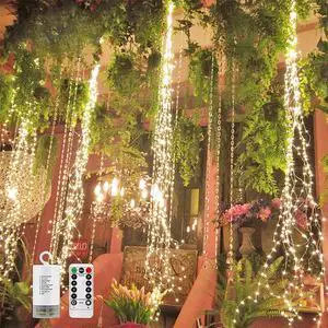 2 Pack 220 LED Firefly Bunch Lights Battery Operated, 8 Flashing Modes Waterproof Copper Wire Waterfall Lights, Remote Controlled Timer and Hooks, Fairy Lights for Indoor Outdoor Decor (Warm White)