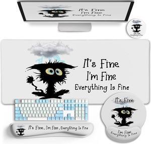 Desk Mat Desk Pad Large Gaming Mouse Pad with Wrist Rest Wrist Support Ergonomic Mouse Pad Keyboard Mat Wrist Rest Cup Coaster Home Office Desk Accessories Decor Supplies Funny Black Cat