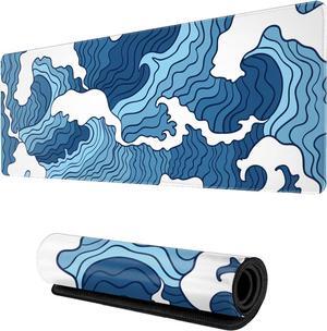 Japanese Blue and White Wave Gaming Mouse Pad XL Non Slip Rubber Base Mousepad Stitched Edges Desk Pad Extended Large Mice Pad 31.5 X 11.8 Inch