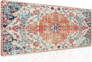 Orange Teal Boho Gaming Mouse Pad XL Rug Carpet Bohemian Retro Extended Large Desk Mat Big Mousepad Non-Slip Rubber Base Stitched Edge Long Desk Pad for Desktop Office PC Gamer,31.5×11.8 in