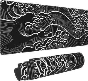 Japanese Wave Black and White Gaming Mouse Pad XL Large Non Slip Rubber Mousepad Stitched Edges Desk Pad Long Extended Mice Pad 31.5 X 11.8