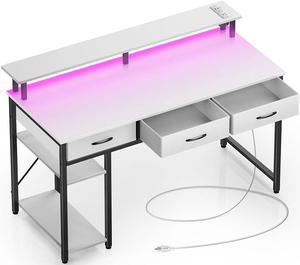 Computer Desk with Power Outlets & LED Light, 47 inch Home Office Desk with Drawers and Storage Shelves, Writing Desk with Monitor Stand, Modern Work Study Desk for Home Office, White