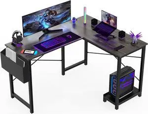 Sweetcrispy L Shaped Computer Desk - Gaming Table Corner Desk 50 Inch PC Writing Desk Study Desks with Wooden Desktop CPU Stand Side Bag Reversible for Home Office Room Small Space, Grey