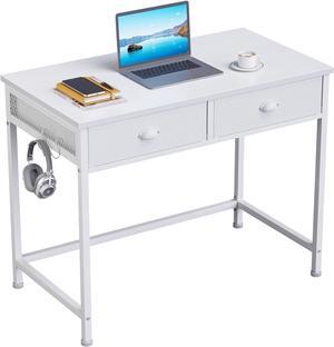 White Small Computer Desk with 2 Fabric Drawers, Simple Home Office Writing Desk, Vanity Desk with Hooks, Study Desk for Bedroom Small Spaces