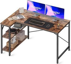 Huuger L Shaped Computer Desk with Reversible Storage Shelves, Gaming Corner Desk for Home Office, Writing Study Desk with Metal Frame, Rustic Brown