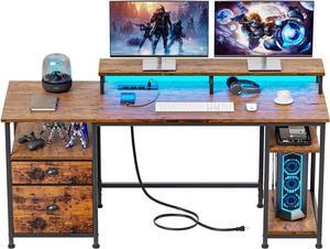 61" Computer Desk with Power Outlet and USB Ports, Large Desk with Shelves and Drawer, Writing Study Desk with Fabric File Cabinet and Long Monitor Stand, Gaming Desk for Home Office