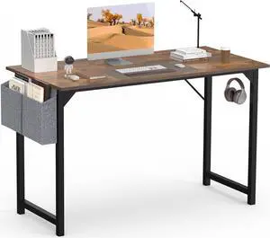 SMUG Computer Desk 48 Inch Home Office Writing Wood Storage Bag & Headphone Hook Simple Bedroom 2 Person Work Study Kids Table, Rustic Brown