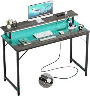 47 inch Computer Desk with Power Outlets, Gaming Desk with LED Lights, Home Office Work Desk with Monitor Shelf, Modern Office Desk Study Writing Table for Small Spaces, Black Oak