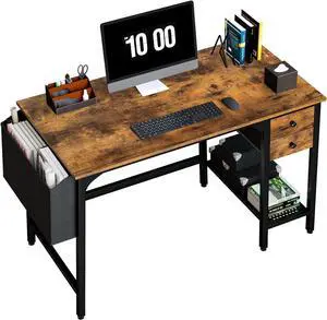 Lufeiya Computer Desk with Drawers - 40 Inch Work Small Desk for Bedroom Home Office, Simple Study Writing Table PC Desks with Drawer Storage Shelves, Rustic Brown