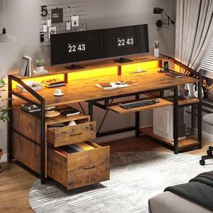 63" Computer Desk, Office Desk with Lock Drawers for Legal/Letter File, Gaming Desk with LED Light & Power Outlet, Home Office Desks for Printer, Rustic Brown