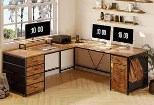 SEDETA L Shaped Desk, 63" Computer Desk with 5 Drawer & Power Outlet, Long Home Office Desk or Corner Desk, L Shaped Corner Desk with Monitor Shelf, Storage Cabinet, Rustic Brown