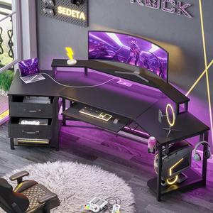 79" Gaming Desk, Computer Desk with 2 Fabric Drawers & LED Light, L Shaped Gaming Desk with Storage Shelf for Home Office, Carbon Fiber Black