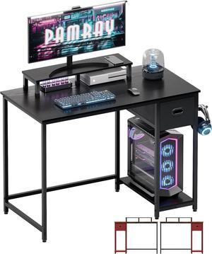 Pamray 39 Inch Computer Desk with Monitor Stand Small Home Office Desks with Storage Drawer for Bedroom Study Table Writing and Work Desk Black