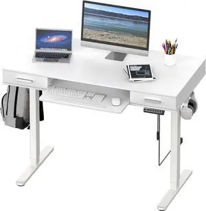 SHW 48-Inch Electric Height Adjustable Desk with Keyboard Tray and 2 Drawers, White