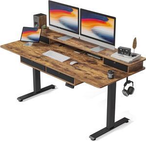 FEZIBO 55 x 24 Electric Standing Desk Adjustable Height with 4 Drawers, Sit Stand Desk with Storage Shelf, Rising Desk with Splice Board, Black Frame/Rustic Brown Top, 55 inch