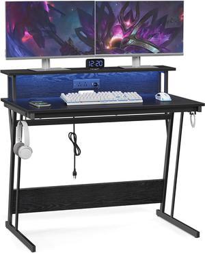 VASAGLE Gaming Desk with LED Lights and Built-in Power Outlets, LED Desk with Monitor Shelf, Computer Desk for 2 Monitors, 23.6 x 39.4 x 29.9 Inches, Ebony Black ULWD091B56