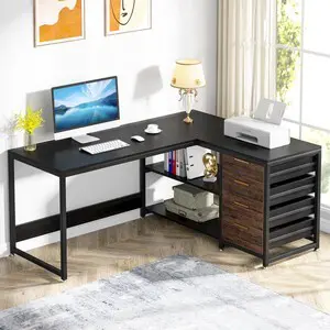 Tribesigns L Shaped Computer Desk with Storage Drawers, 59 inch Corner Desk with Shelves, Reversible L-Shaped Office Desk Study Writing Table Workstation for Home Office, Black Tribesigns L Shaped Computer Desk with Storage Drawers, 59 inch Corner Desk with Shelves, Reversible L-Shaped Office Desk Study Writing Table Workstation for Home Office, Black