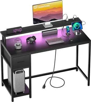 GreenForest Computer Desk with Drawers 39 inch, Gaming Desk with LED Lights & Power Outlets Small Desk with Monitor Stand and Reversible Shelf, Black