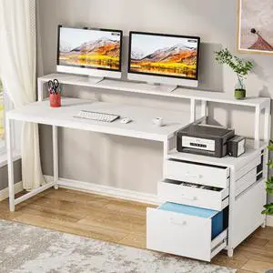 Tribesigns 63 Inch Computer Desk with File Drawer Cabinet, Ergonomic Desk | Office Desk with Monitor Stand, Computer Table with Printer Space, Wood PC Table Workstation Desk for Home Office, White Tribesigns 63 Inch Computer Desk with File Drawer Cabinet, Ergonomic Desk | Office Desk with Monitor Stand, Computer Table with Printer Space, Wood PC Table Workstation Desk for Home Office, White