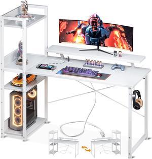 ODK Reversible Gaming Desk with Power Outlets & USB Charging Port, 48 Inch Computer Desk with Storage Shelves and Monitor Stand, Modern Writing Study Desk for Home Office, White