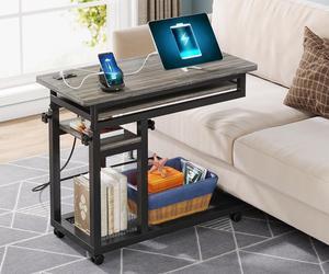 Tribesigns Small Portable Desk with Power Outlet, Height Adjustable Sofa Couch Bedside Laptop Table with Wheels, Mobile Standing Desk Rolling Computer Cart C Side Table with USB Ports