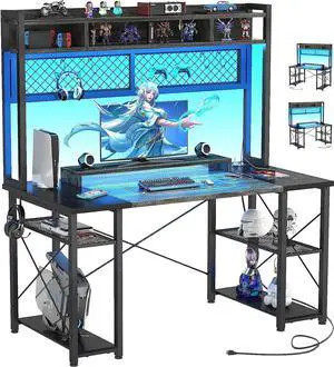 armocity 2024 Upgrade Gaming Desk with Hutch, 48'' Magic Computer Desk with LED and Outlets, Reversible Workstation Desk with Pegboard, Grey/Black