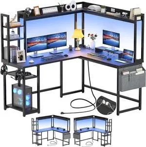 L Shaped Desk with Power Outlet, L Shaped Gaming Desk with Led Light & Hutch, Reversible Home Office Desk, Corner Computer Desk Writing Desk with Monitor Stand & Storage Shelves, Black
