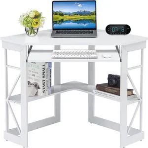 VECELO Corner Computer Desk 41 x 30 inches with Smooth Keyboard & Storage Shelves for Home Office Workstation, White VECELO Corner Computer Desk 41 x 30 inches with Smooth Keyboard & Storage Shelves for Home Office Workstation, White