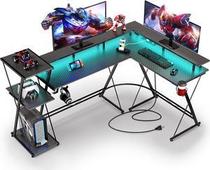 L Shaped Gaming Desk with LED Lights & Power Outlets, 50 Reversible Computer Desk with Storage Shelf & Monitor Stand, Corner Desk with Cup Holder, with Headphone Hook, Black