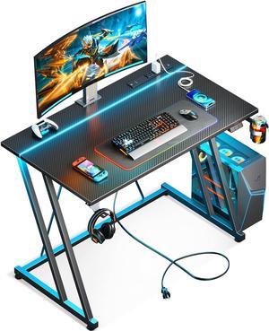 MOTPK Small Gaming Desk with LED Lights & Power Outlet, Computer Desk 31.5inch for Small Space, Cheap Gaming Table with Carbon Fiber Texture, Kids Desk Gift for Boys Men, Black