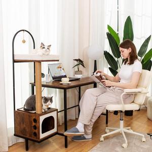 DOICAH Computer Desk with Cat Tree,Vintage Simple Home Office Desk with Cat Scratching Post and Cat Condo,51.6 Inches Working Writing Table,Small Desk for Cats,Gaming Desk with cat,Rustic Brown