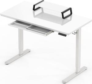 SHW | 48-Inch | Whole-Piece Glass Electric Height Adjustable Desk | Monitor Riser and Drawer Included | White |