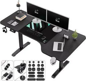 JWX Standing Adjustable Desk, 63 inches L Shaped Electric Standing Gaming Desk with Locking Wheels, Cup Holder, Headphone Hook, Cable Manager, Mouse pad, Carbon Fiber Textured Pane