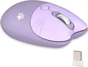 Lomiluskr Cute Cat Wireless Mouse, Lightweight Soundless Mice, 2.4G Wireless Mice, Candy Colors, Kawaii Mouse for Girls and Kids (Purple)