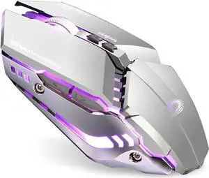 TENMOS T12 Wireless Gaming Mouse Rechargeable, 2.4G Silent Optical Wireless Computer Mice with Changeable LED Light for Laptop PC, 7 Buttons, 3 Adjustable DPI (Silver)