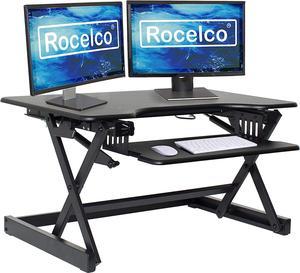 Rocelco 32" Height Adjustable Standing Desk Converter - Sit Stand Computer Workstation Riser - Dual Monitor Retractable Keyboard Tray Gas Spring Assist - Black (R EADRB2)