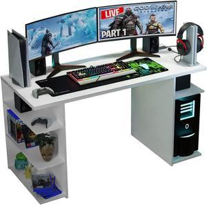 MADESA Gaming Desk with Shelves 53inch, Gamer Desk for Large Monitor Stand, Wooden, Office Writing Workstation, Game Station - 24" D x 53" W x 29" H - White