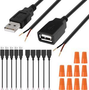 DKARDU USB Power Cable, USB 2.0 Type A Female Male Cable to 2 Pin Jack Open Wire Charger Charging Cord Extension Connector Ends Power DIY Pigtail 5V line, 5 PCS USB Male + 5 PCS USB Female