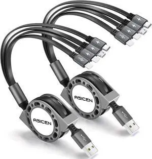 2Pack Multi Charging Cable 4 in 1 5Ft Retractable iPhone Charger Cable Multi Charging Cord Retractable USB Cable with iP/Type C/Micro USB Ports for iPhone16/15/14 Series/Cell Phones/Samasung & More