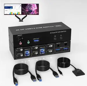 DP Dual Monitor KVM Switch DisplayPort 4K@60Hz, Extended Display DP KVM Switch for 2 Computers Share 2 Monitors and 3 USB 3.0 Ports/Audio/Mic, 4K DisplayPort Switcher 2 in 2 Out